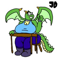  1:1 anthro big_breasts binary_drawing boots bottomwear breasts chair clawed_fingers cleavage clothed clothing collar countershading cuffs_(clothing) denim denim_bottomwear denim_clothing dragon eyelashes female flat_colors footwear furniture gesture green_body hand_gesture horn jeans jimothy_dickerman mythological_creature mythological_scalie mythology outline pants scalie shirt signature simple_background simple_eyes smile smiling_at_viewer solo table tail tank_top thumbs_up topwear white_background wings 