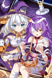  2girls :d animal_ears bandage_over_one_eye bandaged_arm bandages bare_shoulders benghuai_xueyuan blue_eyes bow bowtie candle candy cape cat_ears closed_mouth doll dress drill_hair food full_moon ghost gloves hair_between_eyes hair_ornament halloween halloween_bucket halloween_costume hat highres holding honkai_(series) houraiji_kyuushou jack-o&#039;-lantern kiana_kaslana lollipop long_hair looking_at_viewer moon multicolored_hair multiple_girls mummy_costume navel night night_sky open_mouth orange_bow orange_bowtie pumpkin purple_footwear purple_gloves purple_hair purple_headwear raiden_mei shirt shorts sirin sitting sky smile thighhighs twin_drills ufotram white_hair white_shirt white_shorts window witch witch_hat yellow_eyes 