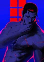  1boy 9gu_84 abs absurdres backlighting bara blue_background hand_on_own_face highres looking_at_viewer male_focus mature_male medium_hair muscular muscular_male navel pectorals ponytail red-eye_effect scar scar_on_arm scar_on_chest scar_on_face scar_on_nose scar_on_shoulder sergei_dragunov solo tekken tekken_5 topless_male upper_body 