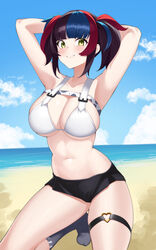  absurdres armpits arms_up bare_shoulders beach bikini black_hair black_shorts blue_hair blue_sky blush breasts cleavage commission fate/grand_order fate_(series) female grin highres kneehighs kneeling kurozawa_yui large_breasts long_hair looking_at_viewer looking_to_the_side multicolored_hair navel pixiv_commission red_hair sei_shounagon_(fate) sei_shounagon_(swimsuit_berserker)_(fate) shore short_shorts shorts sidelocks sky smile socks solo swimsuit thigh_strap thighs twintails white_bikini yellow_eyes 