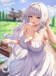  :d alternate_costume azur_lane bare_arms bare_shoulders basket blunt_bangs blurry blush braid breasts buran_(22x) cleavage collarbone commentary_request commission day depth_of_field dress female grey_eyes hand_up highres holding holding_basket house large_breasts long_hair looking_at_viewer open_mouth outdoors skeb_commission smile solo sundress twin_braids very_long_hair vittorio_veneto_(azur_lane) white_dress white_hair 