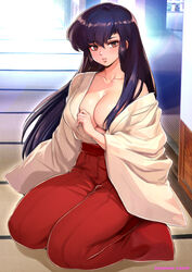  breasts brown_eyes collarbone commentary_request female hair_between_eyes hair_over_shoulder hakama hakama_pants highres indoors japanese_clothes kimono large_breasts light_blush long_hair long_sleeves looking_at_viewer miko off_shoulder oyaman pants parted_lips purple_hair red_pants sakura_(urusei_yatsura) seiza sitting solo tatami twitter_username urusei_yatsura very_long_hair white_kimono wide_sleeves 