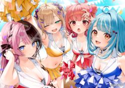  4girls :3 :d :o ;d armpits bandeau bare_shoulders black_bow black_collar black_hair blonde_hair blue_eyes blue_hair blue_shirt bow braid breasts cheering cheerleader cleavage closed_mouth collar collared_shirt colored_inner_hair confetti crop_top cut_bangs day french_braid green_eyes grey_bandeau hair_ornament hairbow hairclip half-closed_eyes heart heart_hair_ornament highres holding holding_pom_poms iris_black_games itohana kurumi_noah large_breasts long_hair looking_at_viewer medium_breasts medium_hair midriff miniskirt multicolored_hair multiple_girls navel official_art one_eye_closed open_mouth orange_eyes orange_shirt orange_skirt outdoors pink_hair pleated_skirt pom_pom_(cheerleading) purple_hair red_eyes red_hair red_shirt red_skirt sample_watermark shiranami_ramune shirt short_hair skirt sleeveless sleeveless_shirt smile split-color_hair stomach streaked_hair sweatdrop tachibana_hinano_(vtuber) tied_shirt tucking_hair two-tone_hair two-tone_shirt two_side_up virtual_youtuber vspo! watermark white_hair yumeno_akari 