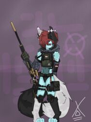  2_tails absurd_res activision armor blue_body blue_fur bluren_cat body_armor bulletproof_vest call_of_duty domestic_cat felid feline felis femboy fur gun hair halo hi_res holding_object holding_weapon hz_foxy male mammal military_clothing multi_tail ranged_weapon red_eyes red_hair rifle scp_foundation simple_background singaporean_flag sniper_rifle solo tactical_gear tail uwu weapon 