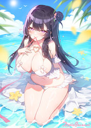  apple_caramel bikini black_hair blue_sky blurry blush breasts cleavage cloud collarbone commentary day depth_of_field female flower frilled_bikini frills hair_between_eyes hair_bun hair_flower hair_ornament highres large_breasts leaf long_hair looking_at_viewer mouth_hold navel ocean original outdoors petals purple_eyes red_ribbon ribbon seductive_smile sidelocks signature sky smile solo swimsuit white_bikini 