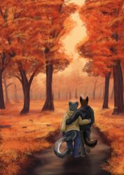  anthro autumn background_shot canid canine canis dolar domestic_dog duo fatunicorn felid female hi_res love male male/female mammal pantherine park plant romantic romantic_couple tree 