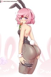  absurdres animal_ears artist_name ass ass_grab ass_support bridal_garter carrot cowboy_shot cropped_legs doki_doki_literature_club female food_in_mouth from_behind grabbing_own_ass highres leotard looking_back natsuki_(doki_doki_literature_club) pantyhose patreon_logo patreon_username pink_hair playboy_bunny rabbit_ears rabbit_tail raion_(raionart) short_hair simple_background solo standing tail web_address wrist_cuffs 