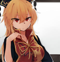  black_dress black_headwear breasts closed_mouth collarbone dress expressionless eyes_visible_through_hair female fingernails hair_between_eyes hand_up high_collar jiuliu3 junko_(touhou) long_fingernails long_hair looking_at_viewer neck_ribbon orange_hair phoenix_crown print_tabard red_eyes red_tabard ribbon sharp_fingernails simple_background slit_pupils solo tabard touhou upper_body white_background yellow_ribbon 