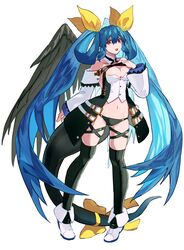  absurdres angel_wings arere_r asymmetrical_wings bare_shoulders black_thighhighs blue_hair blush bow breasts cleavage detached_sleeves dizzy_(guilty_gear) female full_body guilty_gear guilty_gear_xrd hair_ribbon hair_rings highres large_breasts long_hair looking_at_viewer monster_girl navel open_mouth red_eyes ribbon simple_background smile standing tail tail_bow tail_ornament tail_ribbon thighhighs twintails white_background white_sleeves wings yellow_ribbon 