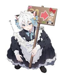  1boy alternate_costume animal_ears bell black_footwear blue_bow blue_bowtie blue_eyes blush bow bowtie cigarette crossdressing enmaided fake_animal_ears female gopnik hair_bell hair_between_eyes hair_ornament hairbow highres holding holding_sign ikeuchi_tanuma maid maid_headdress multiple_hair_bows off_shoulder original rudy_(ikeuchi_tanuma) short_hair sign simple_background solo_focus squatting sweatdrop translated wavy_mouth white_hair 