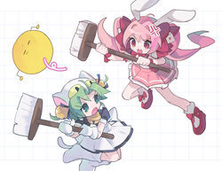  2girls :d :o anger_vein animal_ears animal_hands animal_hat apron back_bow bare_shoulders bell black_bow black_dress bow bowtie broom cat_ears cat_hat cat_tail dejiko di_gi_charat dice dice_hair_ornament dress frilled_socks frills full_body gema gloves green_eyes green_hair grid_background hair_bell hair_ornament hairbow hat highres holding holding_broom jingle_bell knee_up long_hair looking_at_another maid_apron mittens morizo_(morizoshop) multiple_girls neck_bell oerba_yun_fang open_mouth paw_gloves paw_shoes pink_eyes pink_hair pink_skirt puffy_short_sleeves puffy_sleeves rabbit_ears red_bow red_footwear shoes short_hair short_sleeves simple_background skin_fang skirt smile socks tail twintails usada_hikaru v-shaped_eyebrows white_apron white_background white_bow white_footwear white_gloves white_headwear white_mittens white_socks wrist_bow 