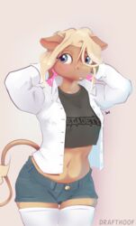  anthro betty_brown blush blush_lines bottomwear bovid bovine cattle clothing crop_top cutoffs daisy_dukes denim denim_bottomwear denim_clothing drafthoof female hands_behind_head hi_res hotpants legwear mammal megadeth midriff shirt shorts solo standing stockings thigh_highs topwear unbuttoned_shirt 