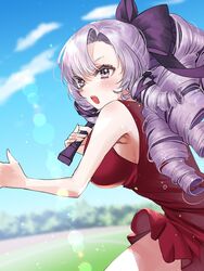  armpits black_bow black_ribbon blurry blurry_background bow breasts cloud dress drill_hair female hair_ribbon hairbow highres holding_tennis_racket hyakumantenbara_salome long_hair nidoneane nijisanji open_mouth purple_eyes purple_hair red_dress ribbon short_dress sky solo sweat symbol_in_eye tennis virtual_youtuber 