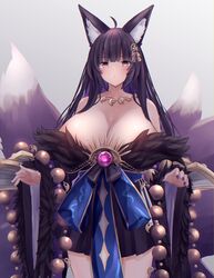  absurdres animal_ears azur_lane black_hair breasts cleavage collarbone facial_mark female fox_ears fox_tail fur-trimmed_kimono fur_trim highres huge_breasts japanese_clothes jewelry kimono long_hair looking_at_viewer magatama magatama_necklace multiple_tails musashi_(azur_lane) necklace revision short_kimono tail yuuki_shuri 