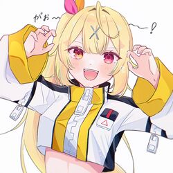  :d blonde_hair blunt_bangs blush claw_pose commentary_request cosplay cropped_jacket denonbu female hair_ornament hands_up heterochromia high_collar highres hoshikawa_sara jacket long_hair long_sleeves looking_at_viewer nijisanji open_mouth red_eyes shiratamamaru side_ponytail simple_background smile solo taiga_lucia taiga_lucia_(cosplay) upper_body very_long_hair virtual_youtuber voice_actor white_background white_jacket x_hair_ornament yellow_eyes zipper 