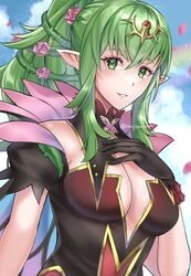  black_gloves blue_sky breasts cleavage cloud female fire_emblem fire_emblem_awakening fire_emblem_heroes flower gloves green_eyes green_hair hair_between_eyes hair_flower hair_ornament hair_vines highres long_hair looking_at_viewer maji_(majibomber) official_alternate_costume parted_lips plant pointy_ears ponytail sidelocks sky smile solo tiki_(adult)_(fire_emblem) tiki_(adult)_(resplendent)_(fire_emblem) tiki_(fire_emblem) twitter_username upper_body vines 