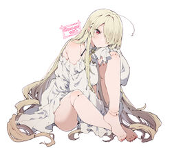  ahoge bare_shoulders barefoot blonde_hair blush collarbone doll_joints dress edel_(ikeuchi_tanuma) feet female fingernails full_body hair_over_one_eye highres ikeuchi_tanuma joints legs long_hair looking_afar nail_polish off-shoulder_dress off_shoulder original red_eyes red_nails simple_background solo thighs toenail_polish toenails toes very_long_hair white_background white_dress 