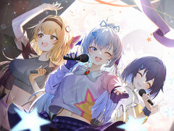  3girls :d ;d ^_^ absurdres ahoge alternate_costume arm_up black_hair black_shirt blonde_hair blue_bow blue_eyes blue_hair blush bow bowtie braid breasts brown_eyes closed_eyes collared_shirt crop_top fingerless_gloves gloves gr_greeze grey_shirt hair_ornament hair_ribbon hairband heart heart_hair_ornament highleg highres holding holding_microphone honkai_(series) honkai_impact_3rd idol jacket jewelry large_breasts long_hair long_sleeves looking_at_viewer medium_breasts microphone midriff multiple_girls navel one_eye_closed open_clothes open_jacket open_mouth outstretched_arm ponytail purple_hair purple_skirt red_jacket ribbon scrunchie seele_vollerei seele_vollerei_(stygian_nymph) shigure_kira shirt short_hair short_sleeves skirt smile star_(symbol) susannah_manatt susannah_manatt_(valkyrie_quicksand) upper_body v white_bow white_shirt yellow_eyes 