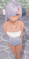  absurdres arms_behind_back bare_arms bare_legs bare_shoulders blunt_bangs blush breasts cleavage closed_mouth collarbone commentary dark-skinned_female dark_skin feet_out_of_frame female grey_hair hair_over_one_eye hair_over_shoulder highres legs light_blush long_hair looking_at_viewer naked_towel onsen purple_eyes red_eyes solo standing stone_floor tenka_hyakken torikai_rai_kunitsugu towel xochi_(nueeen6978) 