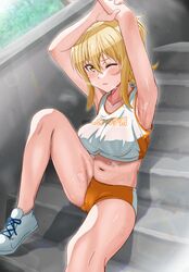  armpits arms_up blonde_hair blush breasts buruma collarbone commentary crop_top day female gym_uniform highres leg_up looking_at_viewer love_live! love_live!_nijigasaki_high_school_idol_club medium_breasts midriff miyashita_ai navel one_eye_closed outdoors parted_lips pokehikaxyz ponytail shadow shoes sitting sitting_on_stairs stairs steam steaming_body stone_stairs sunlight sweat thighs yellow_eyes 