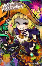  belt black_belt black_robe black_shirt blonde_hair bow bracelet breasts bright_pupils brown_eyes corset doradorakingyo eyelashes female graffiti_smash grin hat heart holding holding_staff hooded_robe jack-o&#039;-lantern jewelry large_breasts long_hair looking_at_viewer lunetta_(graffiti_smash) orange_bow orange_nails orange_skirt paint_splatter pantyhose robe shirt short_hair short_sleeves skirt smile solo staff striped_clothes striped_pantyhose twitter_username white_pupils witch_hat 