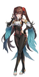  :d alternate_costume black_bodysuit black_gloves blue_nails blush bodysuit breast_curtain breasts brown_hair chinese_knot clothing_cutout commentary cosplay covered_navel crossed_legs feet female flower flower-shaped_pupils foka_(beginner) full_body genshin_impact gloves gold_trim hair_between_eyes hair_flower hair_ornament hand_on_own_hip hand_up high_heels highres hip_vent hu_tao_(genshin_impact) legs long_hair looking_at_viewer nail_polish open_mouth partially_fingerless_gloves red_eyes red_flower sandals shenhe_(genshin_impact) shenhe_(genshin_impact)_(cosplay) shoulder_cutout simple_background small_breasts smile solo standing symbol-shaped_pupils tassel thighs toeless_legwear toenail_polish toenails toes twintails very_long_hair white_background 