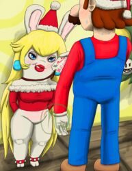  2018 2_toes anklet anthro artist_logo big_nose bite biting_lip blonde_hair blue_clothing blue_eyes blue_overalls blush bodily_fluids breasts brown_clothing brown_footwear brown_hair brown_shoes buckteeth christmas christmas_clothing christmas_headwear christmas_tree clothed clothing crossover digital_drawing_(artwork) digital_media_(artwork) duo ear_piercing eyelashes facial_hair featureless_crotch feet female floor footwear fur gloves hair handwear hat headgear headwear heart_symbol hi_res holidays human inside interspecies jewelry lagomorph larger_male lips lipstick logo long_ears long_hair looking_at_another makeup male male/female mammal mario mario_bros mario_plus_rabbids_kingdom_battle moustache necklace nintendo noseless ornament overalls pantsless pantsless_anthro piercing plant rabbid rabbid_peach raving_rabbids rayman_(series) red_anklet red_clothing red_hat red_headwear red_lips red_lipstick red_shirt red_topwear santa_hat shirt shoes short_stack size_difference skywater smaller_female standing sweat sweatdrop tag_(disambiguation) tan_body tan_skin teeth text thick_thighs toes topwear tree ubisoft wall_(structure) white_body white_fur wide_hips wood wood_floor 