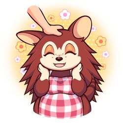  1:1 2023 animal_crossing apron apron_only brown_body closed_eyes clothing digital_media_(artwork) disembodied_hand eulipotyphlan fangs female flower guywiththepie hand_on_head happy headpat hedgehog human mammal mostly_nude nintendo open_mouth open_smile plant portrait red_apron red_clothing sable_able simple_background slightly_chubby slightly_chubby_female smile teeth three-quarter_portrait 