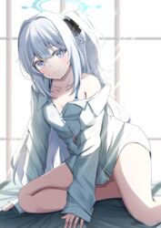  absurdres animal_ears barefoot bed blue_archive blue_eyes blue_halo blush braid breasts buttons closed_mouth collared_shirt fake_animal_ears female grey_hair halo highres indoors kamesys long_sleeves looking_at_viewer miyako_(blue_archive) one_side_up rabbit_ears shirt small_breasts smile solo thighs white_shirt 