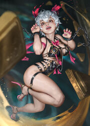  absurdres animal_ears bow breasts broken broken_chain brown_eyes cat_ears chains cuffs fangs female hair_between_eyes high_heels highres leather_bikini leather_strap legband medium_breasts nail_polish open_mouth original paw_pose pink_bow pink_ribbon restraints ribbon short_hair skindentation teeth thick_thighs thighs torn_ribbon vergilhoo white_hair 