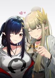  2girls ;3 ^_^ arknights black_choker black_hair breasts choker closed_eyes closure_(arknights) commentary_request grey_background grey_hair halterneck highres kureneko long_hair medium_breasts muelsyse_(arknights) multiple_girls off_shoulder one_eye_closed pointy_ears red_eyes shirt simple_background upper_body white_shirt 