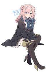  black_coat black_footwear black_gloves black_shirt blue_eyes blue_scarf blush boots bow bowtie closed_mouth coat double_bun female full_body gloves hair_bun hair_over_one_eye high_heels highres ikeuchi_tanuma invisible_chair long_hair looking_afar multicolored_hair open_clothes open_coat original pink_hair plaid plaid_scarf purple_hair rije_(ikeuchi_tanuma) scarf shirt simple_background sitting solo thigh_boots twitter_username two-tone_hair white_background white_bow white_bowtie 