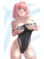  absurdres black_one-piece_swimsuit breast_hold breasts brown_eyes cleavage clothes_pull commentary_request competition_swimsuit contrapposto covered_navel female highleg highleg_swimsuit highres large_breasts looking_at_viewer mashinatsu one-piece_swimsuit one-piece_swimsuit_pull original pink_eyes pink_hair short_hair solo standing swimsuit two-tone_swimsuit 