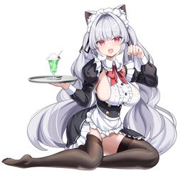  animal_ear_fluff animal_ears apron aruvina_(gu_luco) black_skirt black_thighhighs blush bow bowtie breasts cat_ears center_frills commentary_request detached_sleeves female frilled_apron frills grey_hair gu_luco hair_intakes hands_up highres holding holding_tray juliet_sleeves large_breasts legs long_hair long_sleeves looking_at_viewer maid_apron maid_headdress no_shoes open_mouth original panties paw_pose puffy_sleeves red_bow red_bowtie red_eyes shirt sideboob sideless_outfit sideless_shirt simple_background sitting skindentation skirt smile soles solo thighhighs tray twintails underwear very_long_hair waist_apron white_apron white_background white_headdress white_headwear white_panties white_shirt yokozuwari 