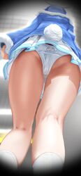  animal_ears animal_print blue_hair female from_below fur_trim highres hololive jacket kneepits nii-san official_alternate_costume panties peeping rabbit_ears rabbit_tail short_hair sleeves_past_wrists solo tail thighs underwear upskirt usada_pekora usada_pekora_(casual) virtual_youtuber white_panties 