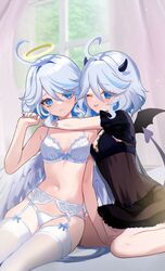  2girls absurdres angel_wings bat_wings black_bra black_dress black_panties blue_eyes blue_hair bow bow_bra bow_panties bra demon_horns demon_tail dress furina_(genshin_impact) genshin_impact grey_hair heterochromia highres horns lingerie long_hair mismatched_pupils multicolored_hair multiple_girls navel one_eye_closed panties rrr_gns_(riuriu_1212) stomach tail thighhighs tongue tongue_out underwear white_bra white_panties white_thighhighs wings 