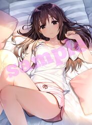  amagai_tarou bare_legs bed_sheet breasts brown_eyes brown_hair closed_mouth collarbone feet_out_of_frame female hair_between_eyes highres hololive long_hair looking_at_viewer lying medium_breasts midriff_peek on_back on_bed pajamas pillow pink_shorts sample_watermark shirt short_shorts short_sleeves shorts solo striped_pillow thighs tokino_sora virtual_youtuber watermark white_shirt 