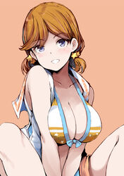  bikini breasts cleavage collarbone commentary_request female gengoroh highres long_sleeves looking_at_viewer love_live! love_live!_superstar!! medium_hair orange_hair purple_eyes shibuya_kanon simple_background sitting smile solo swimsuit 