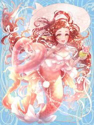  :d bare_shoulders blue_background bow breasts crazy_straw dairoku_ryouhei drink drinking_straw engage_westend female fins full_body hair_ornament hat head_fins heart-shaped_innertube heart_straw holding holding_drink holding_innertube innertube long_hair looking_at_viewer mermaid monster_girl navel neck_ribbon open_mouth red_hair ribbon small_breasts smile solo starfish_hair_ornament sun_hat tail tail_bow tail_ornament very_long_hair white_bow white_headwear white_ribbon yellow_eyes 