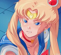  artist_name bishoujo_senshi_sailor_moon bishoujo_senshi_sailor_moon_s blonde_hair blue_eyes blue_sailor_collar breasts choker circlet cleavage commentary crescent crescent_earrings derivative_work double_bun earrings female hair_bun heart heart_choker highres jewelry magical_girl medium_breasts meme nicuoi portrait red_choker sailor_collar sailor_moon sailor_moon_redraw_challenge_(meme) sailor_senshi_uniform scowl screenshot_redraw solo sweatdrop tsukino_usagi twintails upper_body v-shaped_eyebrows 