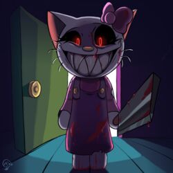  1:1 absurd_res anthro blood blood_on_face bodily_fluids bow_accessory cleaver_(weapon) clothing domestic_cat door felid feline felis female glowing glowing_eyes grimdark hello_kitty_(character) hello_kitty_(series) hi_res looking_at_viewer mammal mechtal melee_weapon murder_face sanrio scary scary_face sharp_teeth solo teeth weapon 