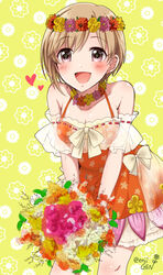  aiba_yumi bare_shoulders blonde_hair blush bouquet bow bowtie breasts brown_eyes cleavage collarbone cowboy_shot detached_sleeves dot_nose dress female floral_background floral_print flower_wreath frilled_dress frills gen_(enji) heart holding holding_bouquet idolmaster idolmaster_cinderella_girls idolmaster_cinderella_girls_starlight_stage layered_dress leaning_forward looking_at_viewer medium_breasts open_mouth print_dress red_dress ribbon-trimmed_sleeves ribbon_trim see-through see-through_sleeves short_hair sleeveless sleeveless_dress smile solo standing twitter_username yellow_background yellow_bow yellow_bowtie 