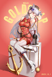  absurdres anchor animal_ears arm_up armpits blush boots bottle bow box breasts brown_headwear buttons chains character_name commentary dated double-breasted dress ear_bow female gloves gold_chain gold_ship_(umamusume) grey_hair highres horse_ears horse_girl horse_tail large_breasts long_hair mixed-language_commentary on_box open_mouth pantyhose pillbox_hat purple_bow red_background red_bow red_dress red_eyes simple_background sitting sleeveless sleeveless_dress solo tail umamusume white_footwear white_gloves white_pantyhose wine_bottle xg_epee 