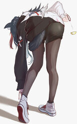  absurdres animal_ear_fluff animal_ears ass black_hair black_hoodie black_pantyhose black_shorts check_commentary commentary commentary_request female from_behind full_body highres hololive hood hoodie long_hair long_sleeves multicolored_hair ookami_mio ookami_mio_(casual) pantyhose pantyhose_under_shorts red_hair shadow shorts simple_background solo standing streaked_hair tail tokine_yua two-tone_hair two-tone_hoodie virtual_youtuber white_background white_footwear white_hoodie wolf_ears wolf_girl wolf_tail 