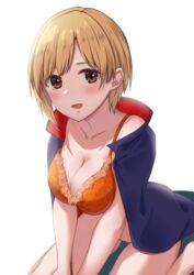  aiba_yumi bare_shoulders barefoot blonde_hair blue_jacket blush bra breasts brown_eyes cleavage collarbone commentary dot_nose female from_above highres idolmaster idolmaster_cinderella_girls idolmaster_cinderella_girls_starlight_stage jacket jacket_on_shoulders kozeni_isari looking_at_viewer medium_breasts open_mouth orange_bra short_hair simple_background sitting smile solo underwear wariza white_background 