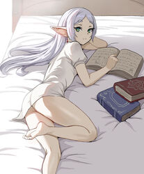  ass bare_legs barefoot bed book commentary drop_earrings earrings elf expressionless feet female foot_out_of_frame frieren green_eyes grey_hair highres jewelry kneepits legs long_hair looking_at_viewer looking_back lying naked_shirt no_pants on_bed on_side open_book pointy_ears shirt soles solo sousou_no_frieren thighs toes white_shirt zefrableu 