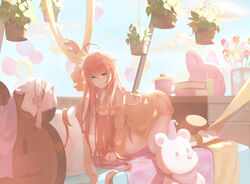  &gt;_&lt; 2022 absurdres ahoge all_fours azur_lane balloon book breasts dated female flower green_eyes hanging_breasts highres impero_(azur_lane) large_breasts long_hair looking_at_viewer on_bed orange_hair pillow plant potted_plant pyar3342 rose solo stuffed_animal stuffed_toy very_long_hair 