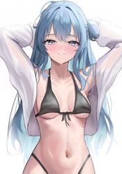  absurdres arms_behind_head arms_up bikini black_bikini blue_eyes blue_hair blush breasts cropped_jacket english_commentary female front-tie_bikini_top front-tie_top grin hair_between_eyes hair_bun highleg highleg_bikini highres hoangryu hololive hoshimachi_suisei jacket long_hair long_sleeves looking_at_viewer medium_breasts navel open_clothes open_jacket simple_background single_side_bun smile solo star_(symbol) star_in_eye stomach string_bikini sweat swimsuit symbol_in_eye underboob virtual_youtuber white_background white_jacket 