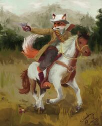  absurd_res anthro bridle canid canine clothed clothing coat cowboy cowboy_hat day detailed_background digitigrade duo equid equine feral footwear forest forest_background fox fully_clothed furgonomic_footwear furgonomics grass gun hat headgear headwear hi_res horse horseback_riding male mammal nature nature_background painterly plant pointing_gun ranged_weapon red_dead_(series) red_fox reins riding rockstar_games saddle serious_face sydney_onmars topwear tree true_fox weapon western 