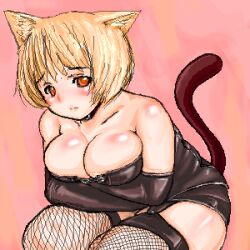  animal_ears blonde_hair cat_ears cat_tail catgirl chubby corset fat fish_nets fishnet_legwear fishnet_stockings fishnets garter_belt legwear lowres nekomimi oekaki red_eyes short_hair stockings suspender_belt tail thighhighs 